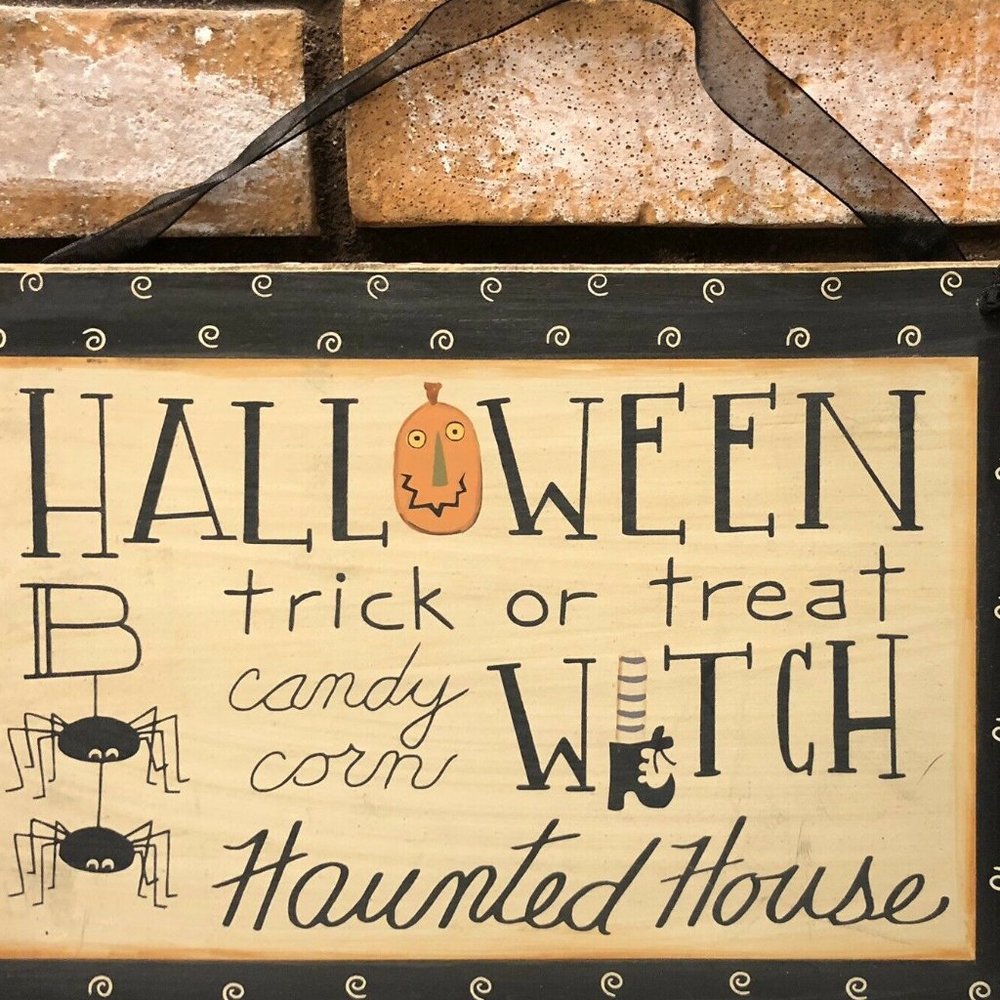 Wooden Halloween Sign with Hanging Ribbon